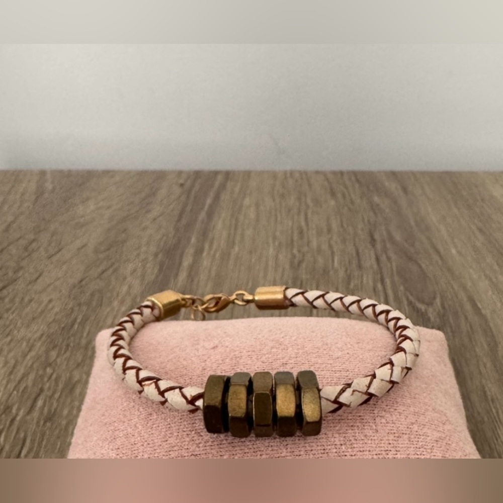 Half United Brass Honeycomb & White Worn Braided Leather Adjustable bracelet GUC - Picture 8 of 10